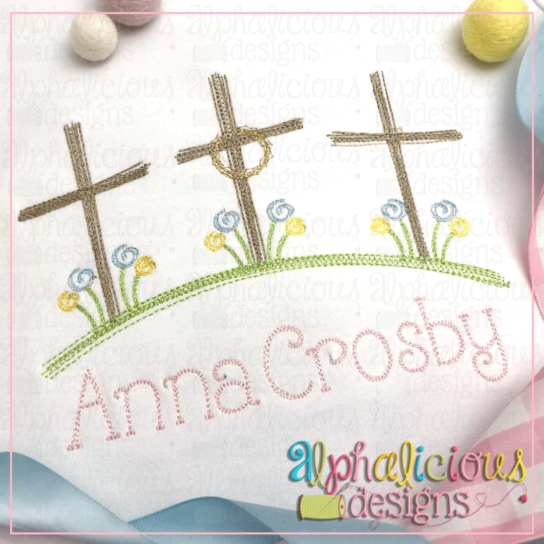 Three Crosses on the Hill with Flowers- Doodle Embroidery