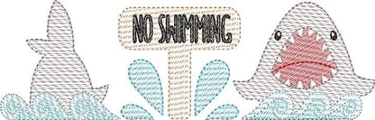 No Swimming Shark Sketch Embroidery Three in a Row