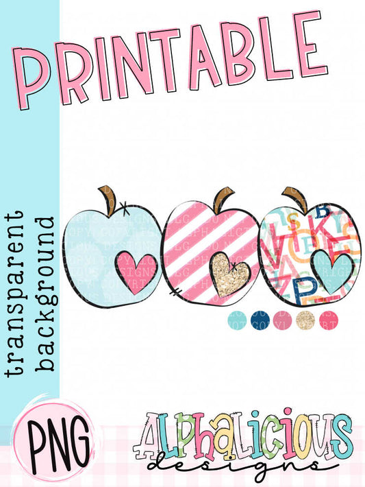 Three Apples with Hearts-Alphabet- Printable PNG