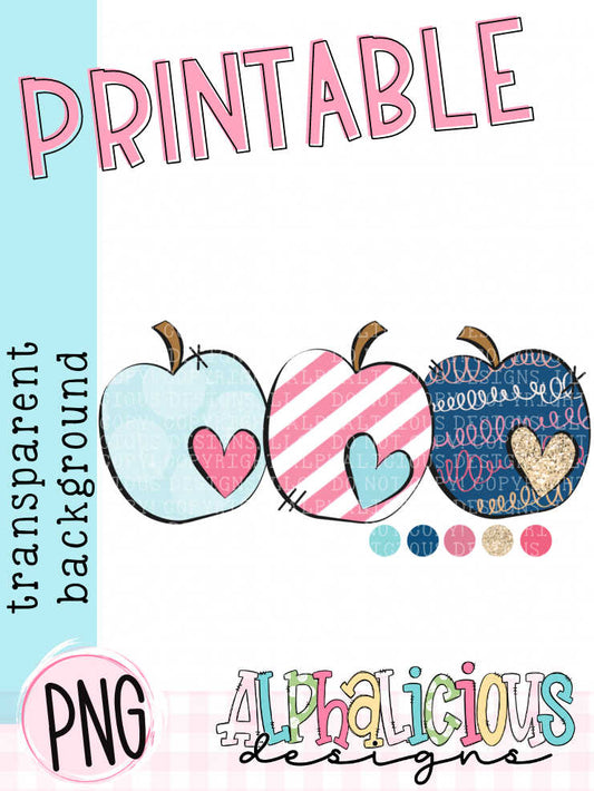 Three Apples with Hearts-Squigles- Printable PNG